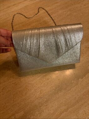Silver Metallic Evening Clutch with Chain Strap